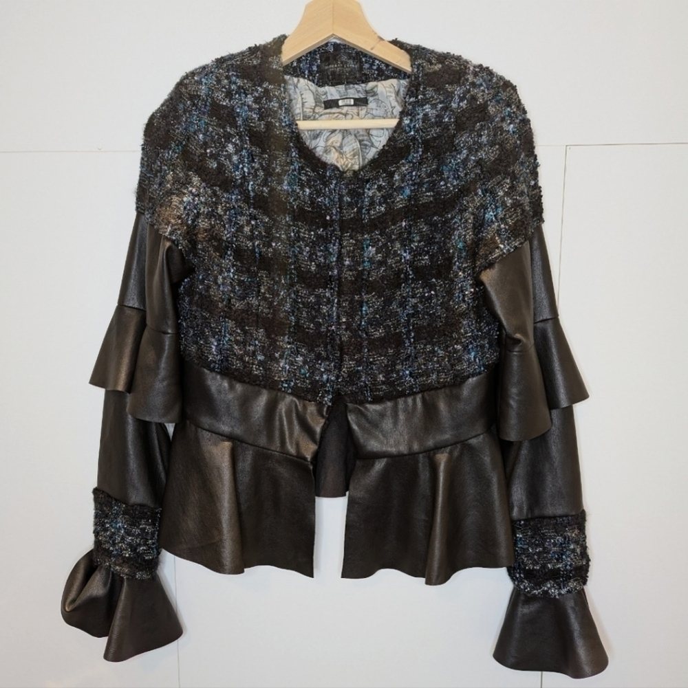 Deborah Lyons Ohio Black Vegan Leather & Tweed Jacket Size 8 - Picture 3 of 8